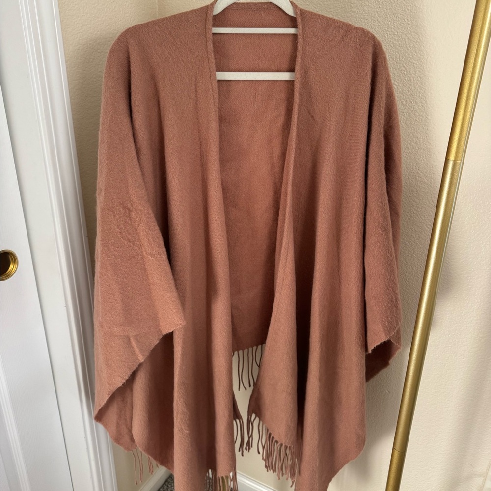 Camel Colored Wool Blend Fringe Shawl Poncho